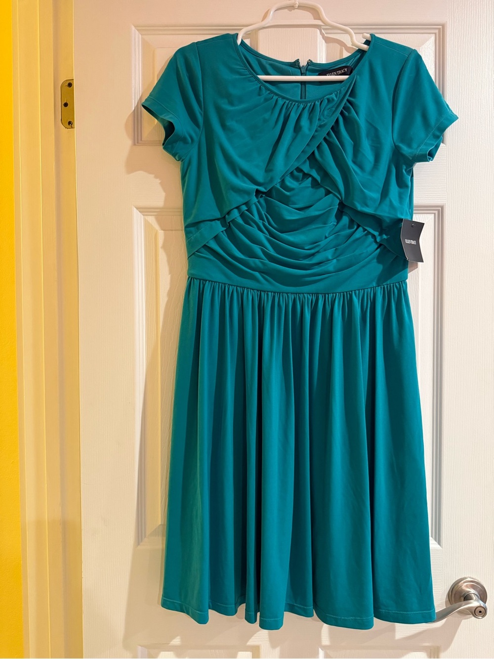 Ellen Tracy Short Sleeve Ruched Dress Teal 10 NWT
